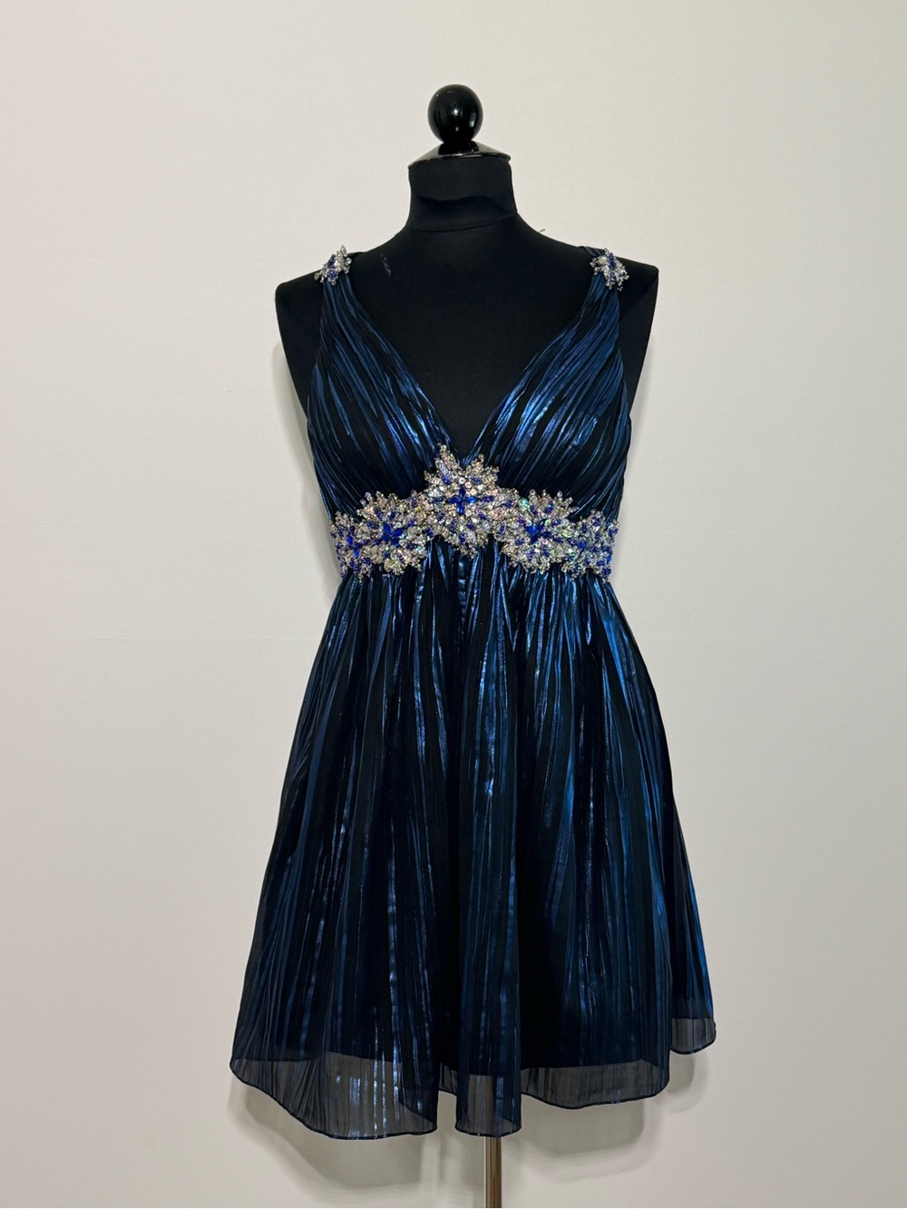 Allure Navy Metallic V-Neck Embellished Mini Dress